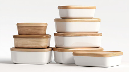 Aesthetic Scene of Reusable Lunch Tins with Smooth Wooden Background on Transparent Background

