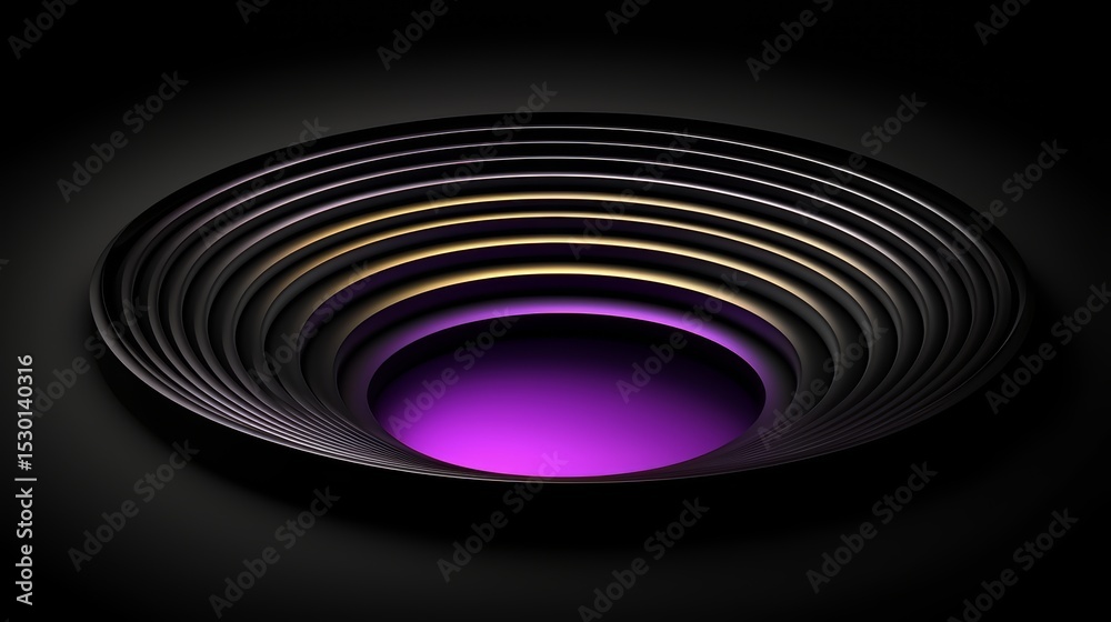 Poster purple and gold circle with a black background. the circle is the main focus of the image