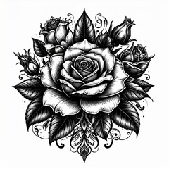 Black And White Detailed Rose Tattoo Design