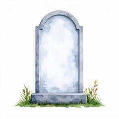 Grey Watercolor Tombstone with Grass and Flowers