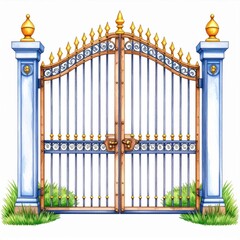 Ornamental Iron Gate with Pillars and Gold Accents