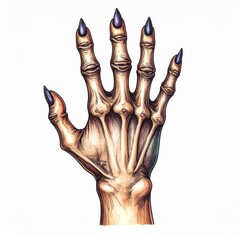 Detailed Illustration of a Bony Hand with Sharp Purple Nails