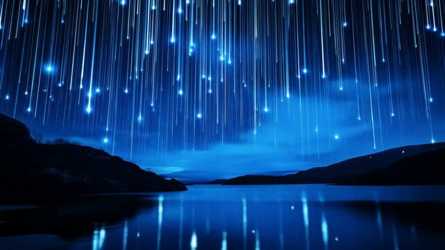Celestial rainfall illuminates a still lake