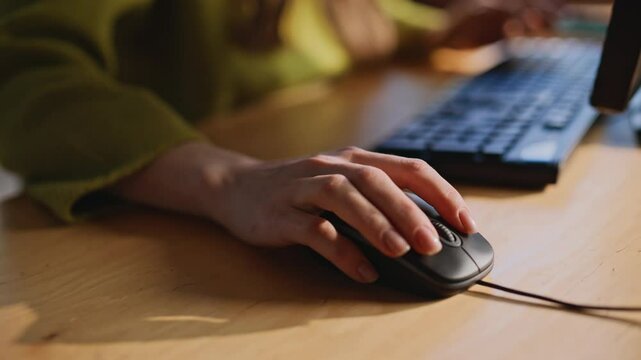 Finger moving computer mouse keyboard workstation closeup. Businesswoman texting