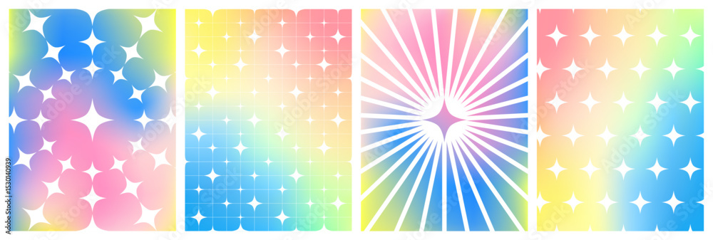 Poster Y2K Star Gradient Patterns. Sparkle Backgrounds in Retro Aesthetic. Geometry Pattern with Shining Stars on Pastel Hologram Gradient.