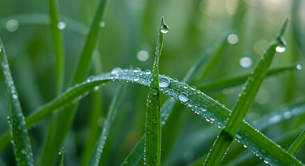 Naklejka premium Macro shot of fresh green grass blades covered in sparkling dew drops after a rain. A clean, vibrant, and refreshing nature background with bokeh. 