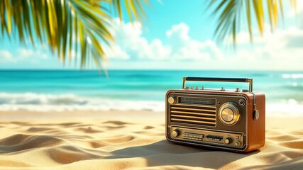 Retro radio on sandy beach with tropical backgrounds a vacation theme and relaxed ambiance - Powered by Adobe