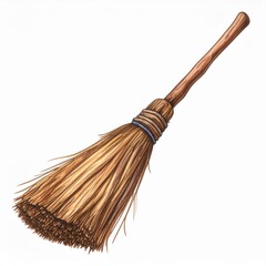Brown Straw Broom with Wooden Handle on White Background