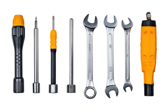 Top-view mechanical tool collection flat lay, no background