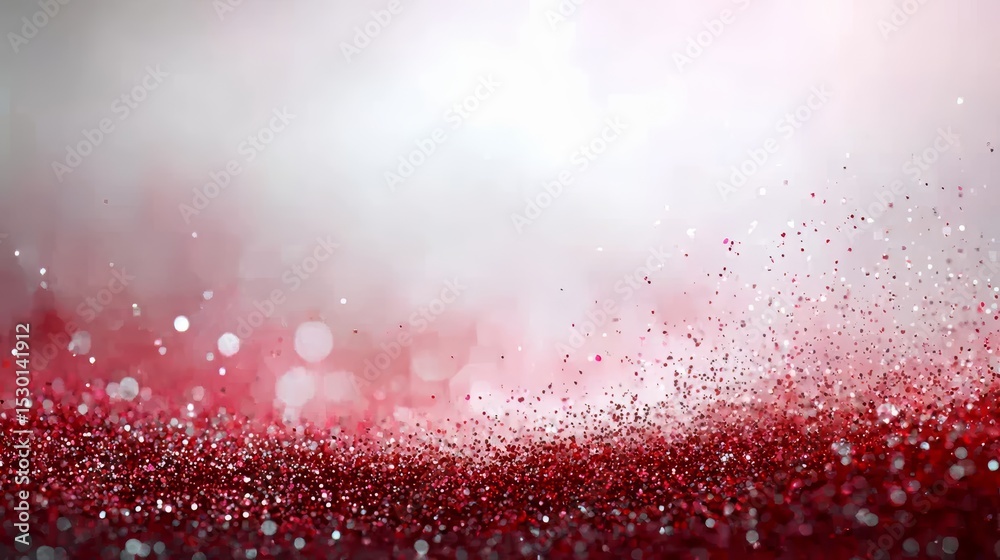 Poster red and white background with a lot of red glitter. the glitter is scattered all over the background