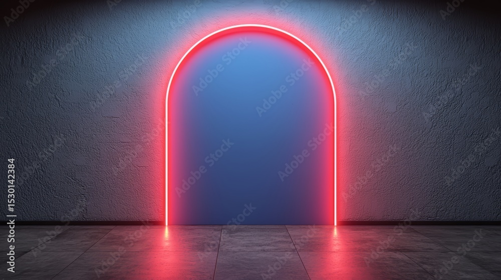 Poster red archway with a blue background. the archway is lit up with neon lights. scene is mysterious and 