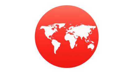 White world map on a red circle against a transparent background