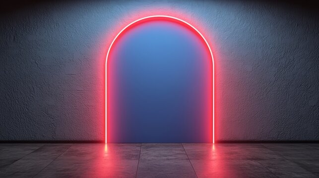 Red archway with a blue background. The archway is lit up with neon lights. Scene is mysterious and intriguing