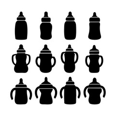 Set of baby bottle milk silhouettes. Black and white Vector Illustration