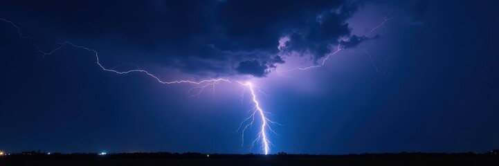 Brilliant white lightning bolt streaks across inky black night sky, outdoor, environment