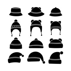 Set of baby cap silhouettes. Black and white Vector Illustration