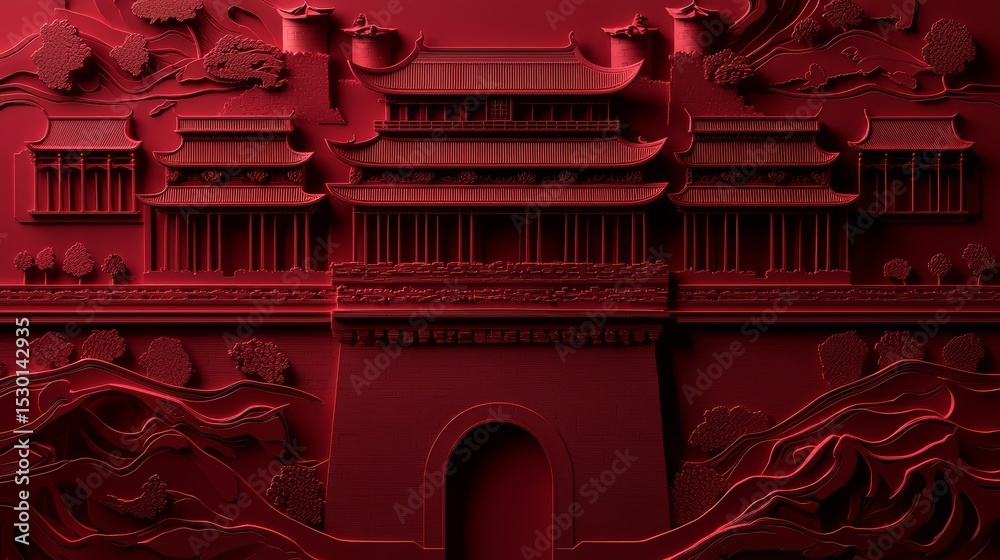 Poster Red drawing of a building with a red roof and red trim. The building is surrounded by trees and has a red archway. Scene is warm and inviting
