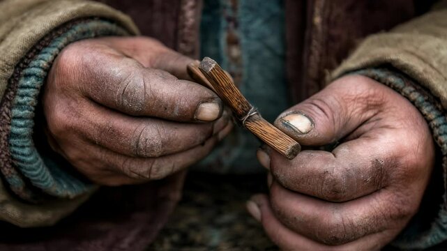 Closeup of a pilgrims hands, weathered and calloused from the physical rigors of the journey, holding a small wooden cross with reverence.
