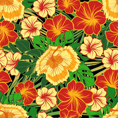 Tropical flowers and leaves botanical seamless pattern vector illustration 