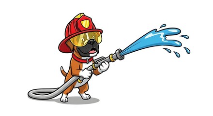 Heroic cartoon dog dressed as a firefighter with helmet and hose. Rescue animal character on white background.