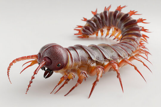 A photorealistic giant centipede from the Amazon with segmented body and red legs