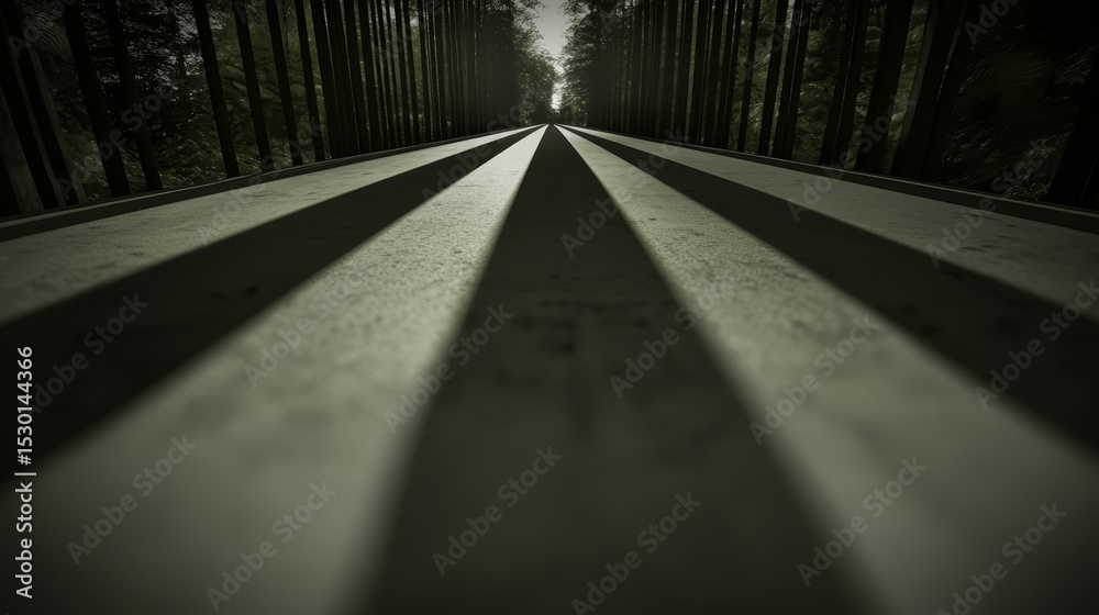 Poster road with a bench in the middle of it. the bench is in the middle of the road and is surrounded by t