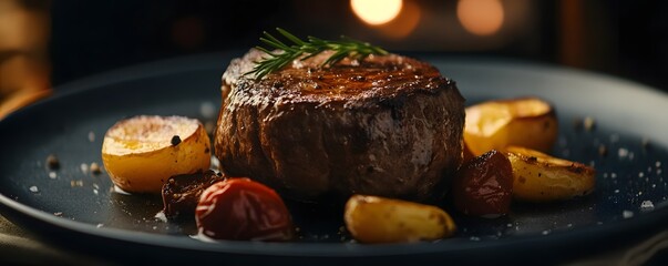 Roasted steak with roasted vegetables on a dark plate.
