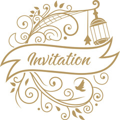 Vintage Lantern and Bird Invitation Insignia with Elegant Swirls and Banner Design – Perfect for Rustic Weddings and Festive Celebrations