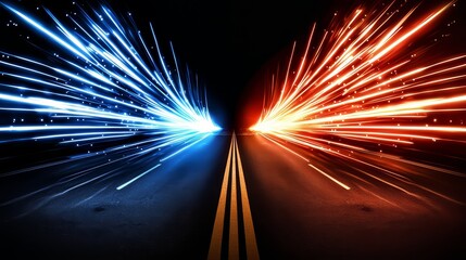Road with two lanes, one blue and one red. The blue lane is on the left and the red lane is on the right. The lanes are separated by a yellow line. The image has a futuristic