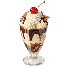 chocolate ice cream with cherry isolated on transparent background