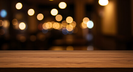 Warm Wooden Tabletop with Blurred Background of Warm Lights Perfect for Product Displays