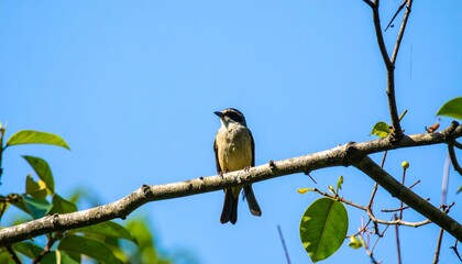 Bird sitting on branch with blue sky background, peaceful scene