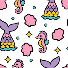 Mermaid and seahorse pastel rainbow color cute seamless pattern on white background.