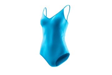 A blue swimsuit is shown in a white background