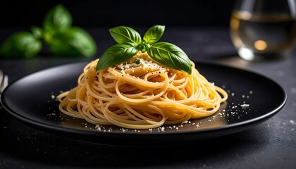Spaghetti Pasta with Basil on Black Plate.