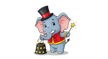 Charming cartoon elephant magician with top hat and wand, performing tricks. Magical circus-style character on white background.