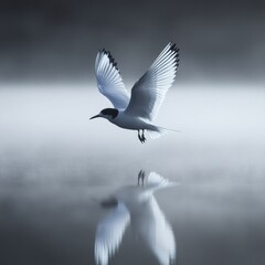 Obraz premium A single, elegant bird soars above a misty lake. Its wings are outstretched, and the image is a monochrome, pale gray and white, with a mirror-like reflection in the water