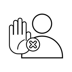Rejection pixel perfect linear icon. Negative response, Person showing stop gesture vector illustration on white background
