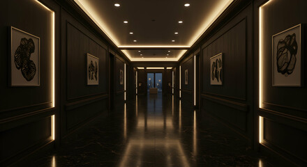 Elegant Dark Hallway Interior Design Modern Luxury Corridor with Recessed Lighting
