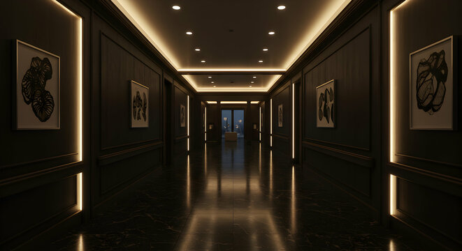 Elegant Dark Hallway Interior Design Modern Luxury Corridor with Recessed Lighting