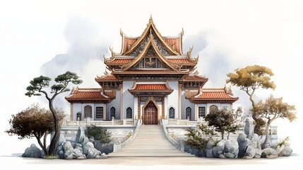 Naklejka premium Majestic Asian Temple Architecture Watercolor Painting with Serene Gardens and Stone Features