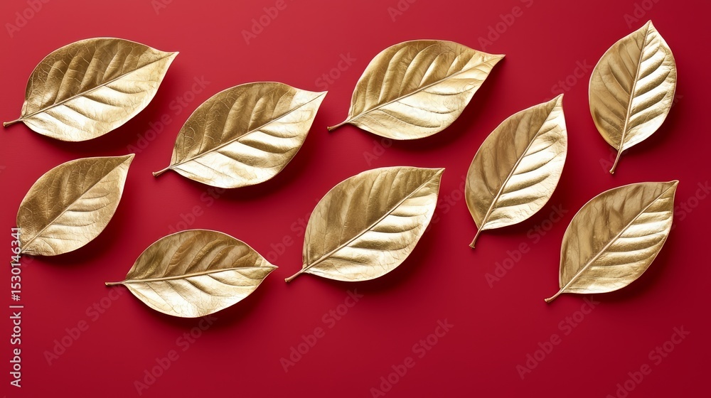 Poster row of gold leaves are arranged on a red background. the leaves are arranged in a way that they look