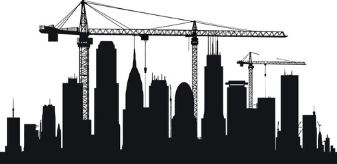 Naklejka premium City skyline under construction with cranes. Vector silhouette black icon symbolizing urban development and architecture. Isolated on a transparent background.