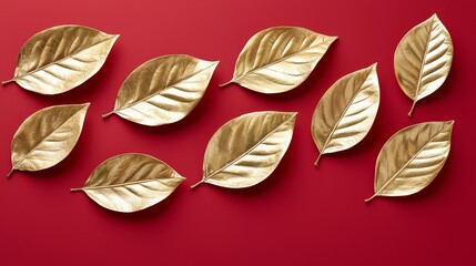 Row of gold leaves are arranged on a red background. The leaves are arranged in a way that they look like they are floating in the air. The gold leaves give off a sense of luxury and elegance