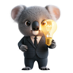 Adorable koala dressed as a businessman holding a glowing light bulb