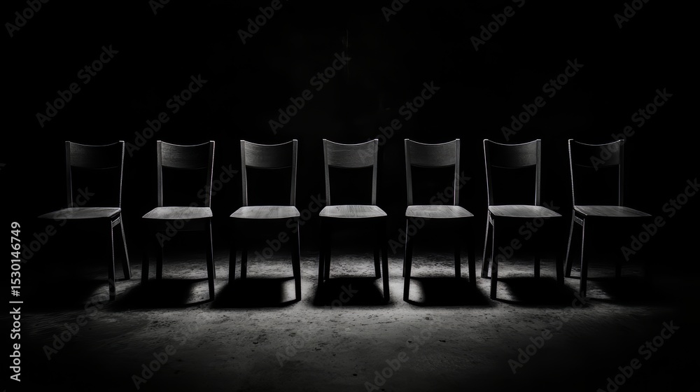 Poster Row of six black chairs are lined up in a dark room. The chairs are all facing the same direction, creating a sense of unity and order. The darkness of the room