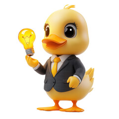 Cute Cartoon Duck in Business Suit Holding Light Bulb Idea Concept