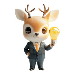 Cute cartoon deer character in a suit holding a light bulb