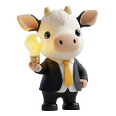 Cartoon Cow in Business Suit Holding Light Bulb with Smart Concept