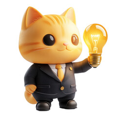 Cute Cartoon Cat in Business Suit Holding a Light Bulb Idea